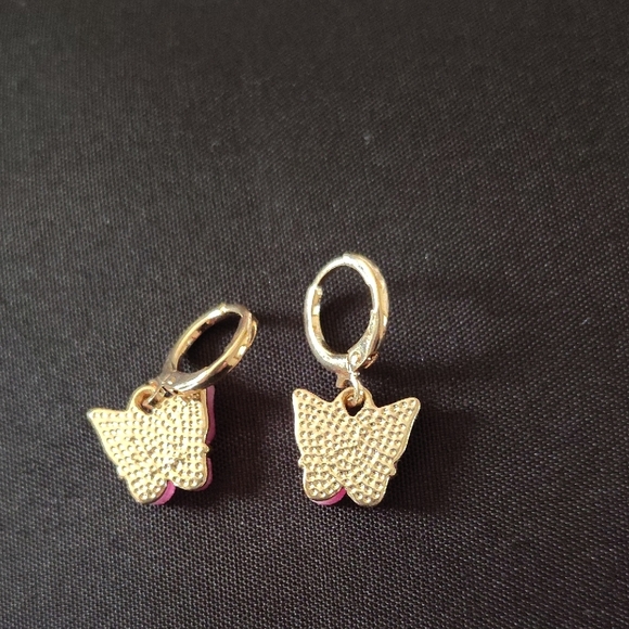 Gold and Pink Butterfly Earrings - Picture 2 of 2